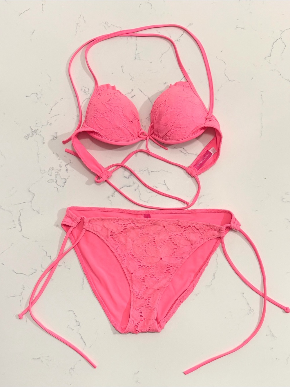 Victoria’s Secret Lace Push Up Bikini Set 34A Large Side Tie Neon Coral